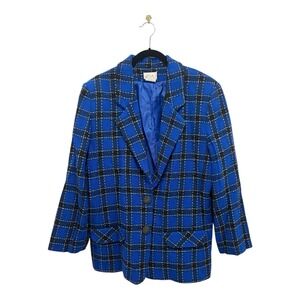 Jo Hardin Blazer Women 14 Lama & Lambs Wool Blue Black Plaid White Stitching USA